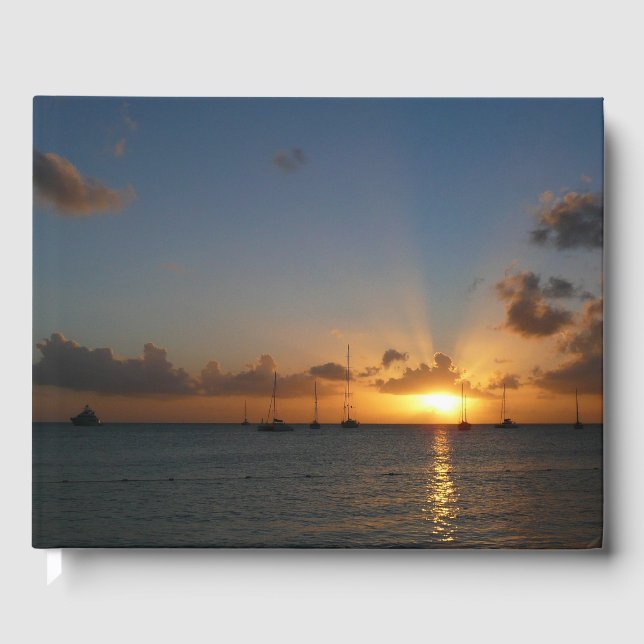 Libro De Visitas Atardecer con veleros paisaje tropical foto (Anverso)
