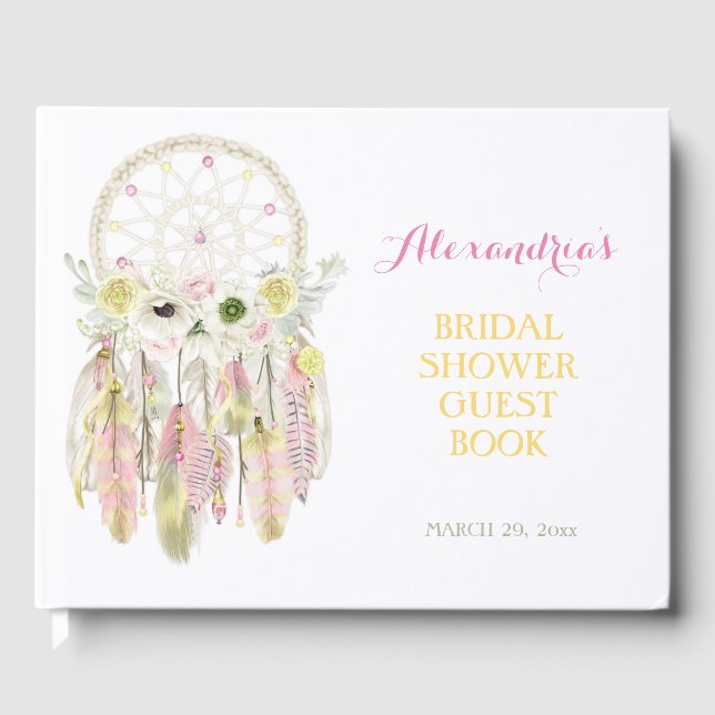 Libro De Visitas Atrapasueños Boho Plumas Rosadas Amarillas Flechas (Anverso)
