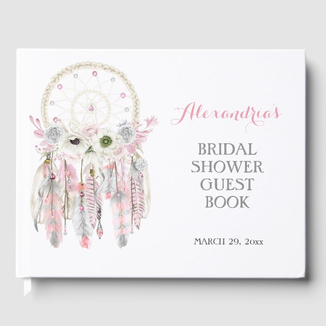 Libro De Visitas Atrapasueños Boho Rosa Plumas Grises Flechas (Anverso)