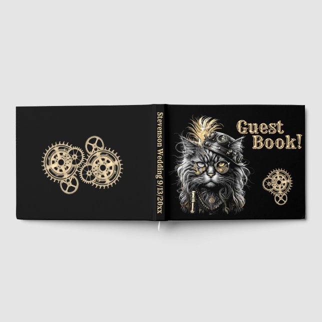 Libro De Visitas Awesome Steampunk Cat Information Spine (Lleno)