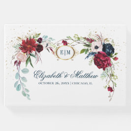 Libro De Visitas Azul marino | Boda de acuarela de Borgoña Bloom