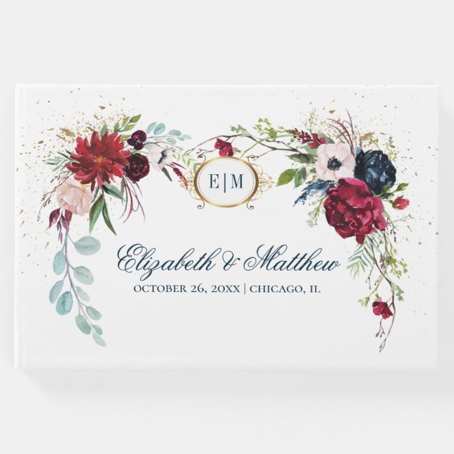 Libro De Visitas Azul marino | Boda de acuarela de Borgoña Bloom (Anverso)