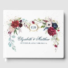 Libro De Visitas Azul marino | Boda de acuarela de Borgoña Bloom