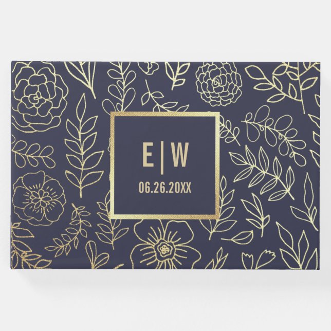 Libro De Visitas Azul Marino | Boda Gold Floral (Anverso)