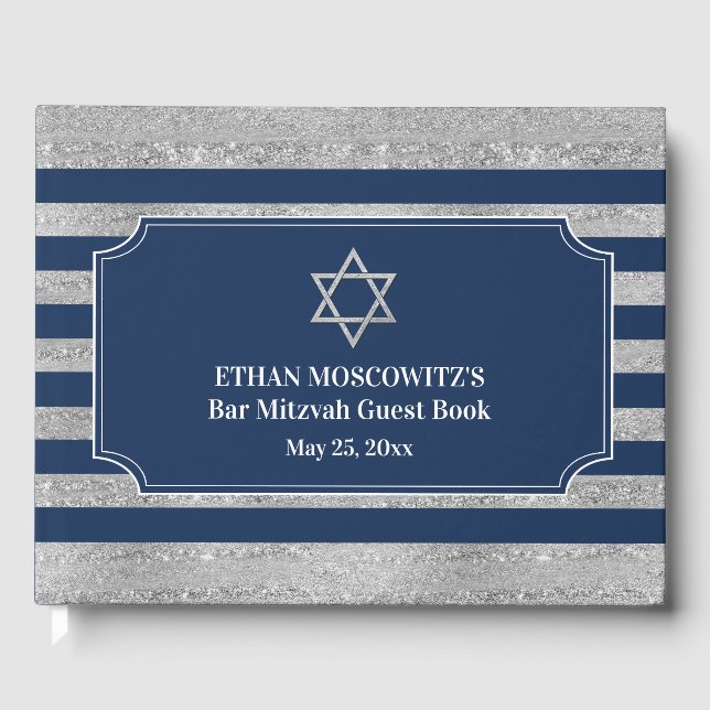 Libro De Visitas Azul marino, franjas grises Bar Mitzvah (Anverso)