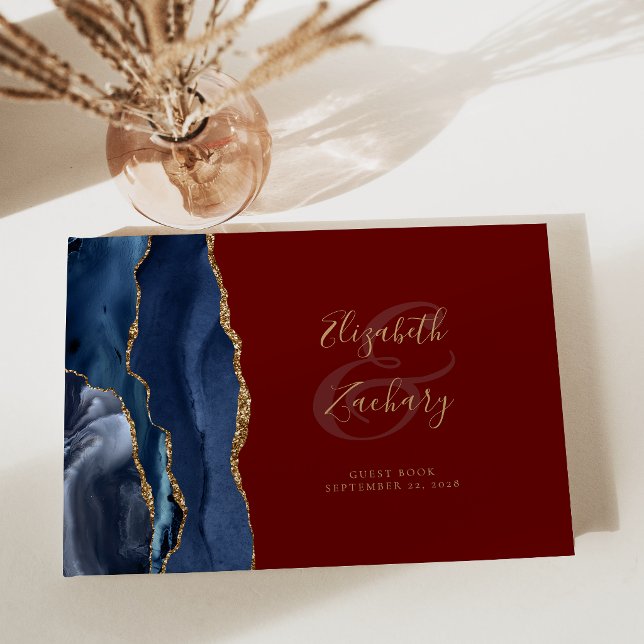 Libro De Visitas Azul Marino Moderno Ágata Dorado Script Burgundy (Subido por el creador)