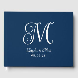 Libro De Visitas Azul Marino y Blanco Monograma Curly de Boda Preci