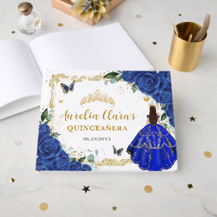 Libro De Visitas Azul Real Floral Princesa Quinceañera Mis 15 Dorad