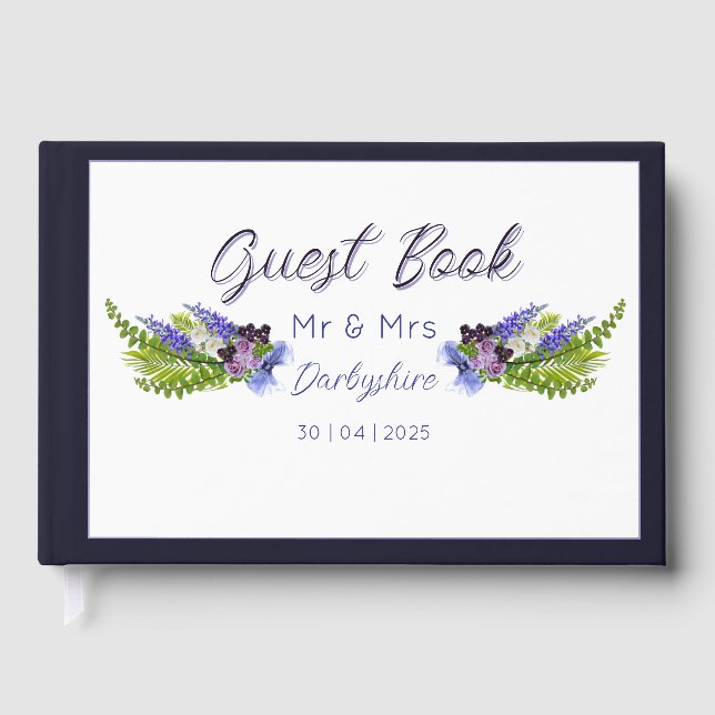 Libro De Visitas Azul y púrpura floral  (Anverso)