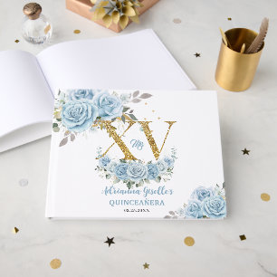Libro De Visitas Baby Blue Floral Gold XV Quinceañera Quince 15