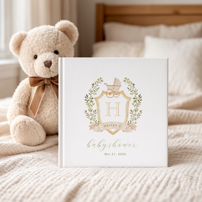 Libro De Visitas Baby Carriage Crest Monogram | Neutral Baby Shower (12x12 guest book)