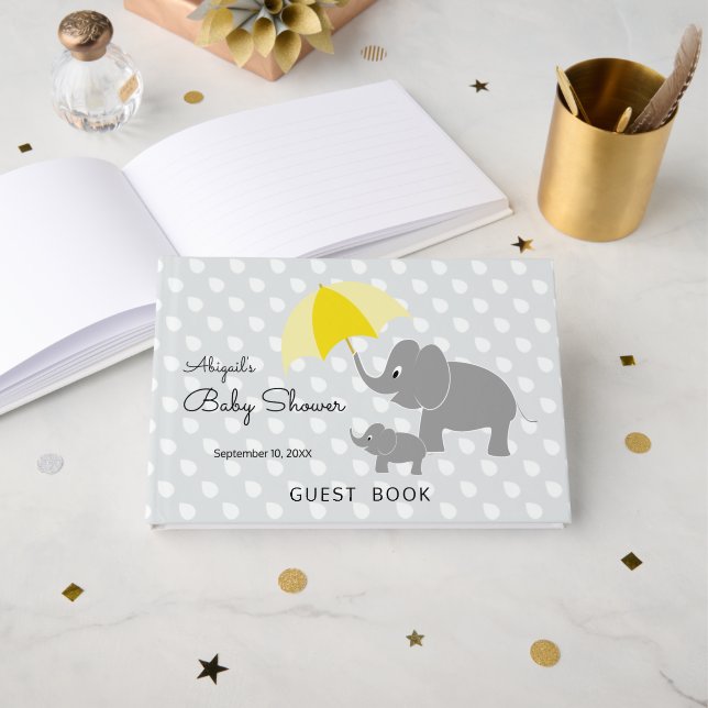 Libro De Visitas Baby Elephant Umbrella Gender Neutral Baby Shower (Anverso Abierto)