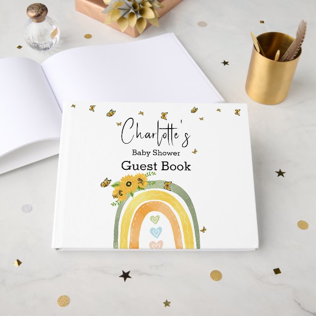 Libro De Visitas Baby Shower Arcoíris Boho con Girasoles (Anverso Abierto)