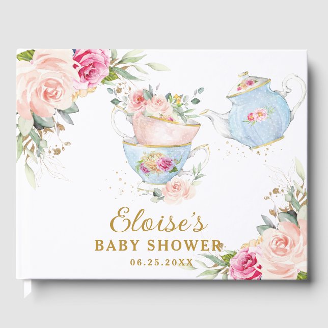 Libro De Visitas Baby Shower Bridal de Té Floral Sonrojado (Anverso)