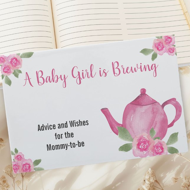Libro De Visitas Baby Shower, Chica de la Tetera Rosa y Consejos (Baby is Brewing Baby Shower Guest Book with Pink Teapot and Flowers)