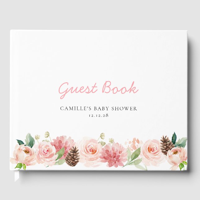 Libro De Visitas Baby Shower Chica Floral de invierno rosa (Anverso)