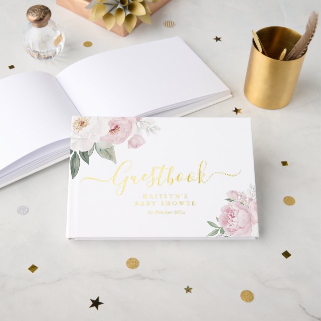 Libro De Visitas Baby Shower color de agua rosado (Anverso Abierto)