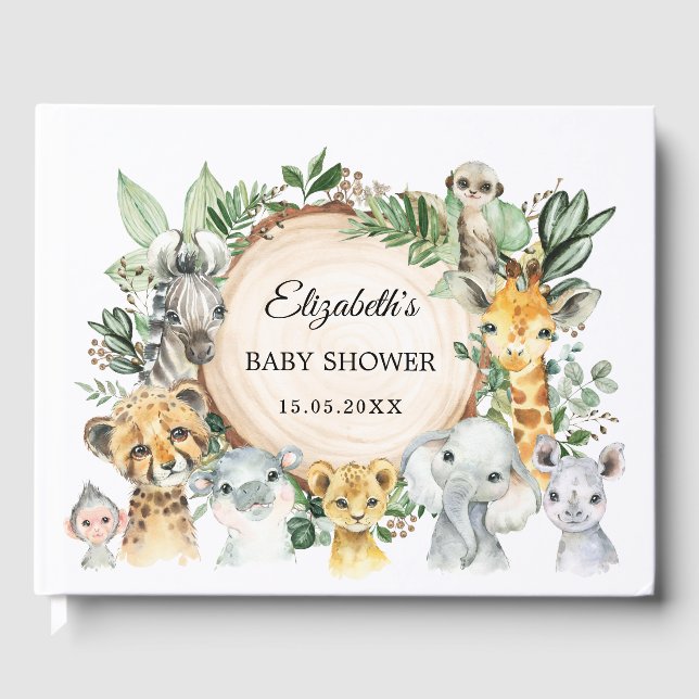 Libro De Visitas Baby Shower de animales de safari de jungla de veg (Anverso)