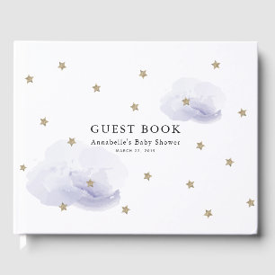 Libro De Visitas Baby Shower de estrellas de oro y nubes de lavanda