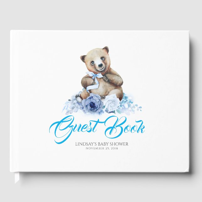 Libro De Visitas Baby Shower de flores azules de pequeño oso (Anverso)