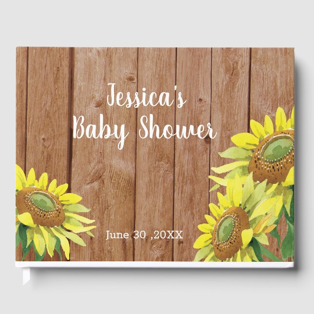 Libro De Visitas Baby Shower de girasol Rustic Wood (Anverso)