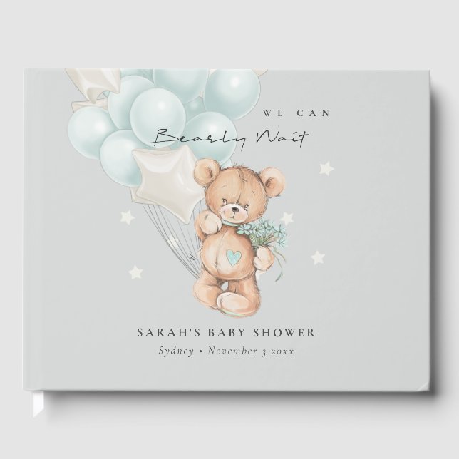 Libro De Visitas Baby Shower de globo Bear Bear Wait Bear gris azul (Anverso)