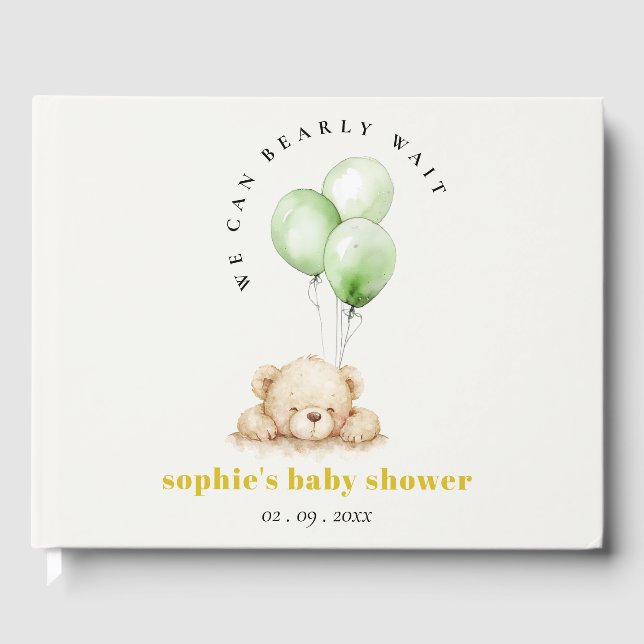 Libro De Visitas Baby Shower de globo Bearly Wait Neutral Verde (Anverso)