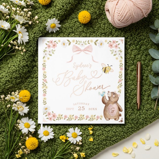 Libro De Visitas Baby Shower de pulsera rosa con carnosidad de carp (Knitted Woodland Bear Floral Pink Bow Baby Shower Foil Guest Book)