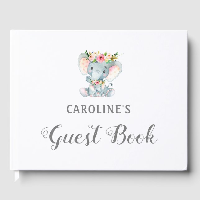 Libro De Visitas Baby Shower Guest Book, elefante floral (Anverso)