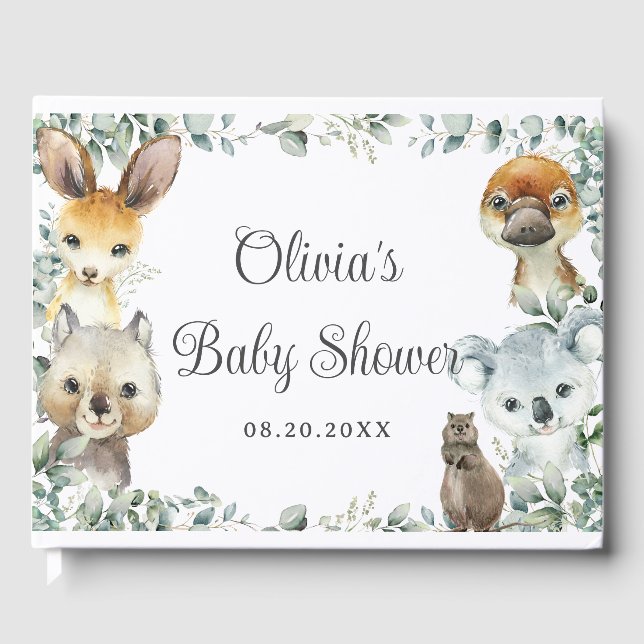 Libro De Visitas Baby Shower neutral de animales australianos verde (Anverso)