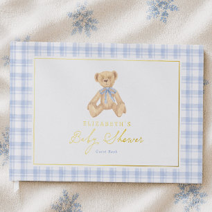 Libro De Visitas Baby Shower Oso de Peluche Azul a Cuadros Vintage