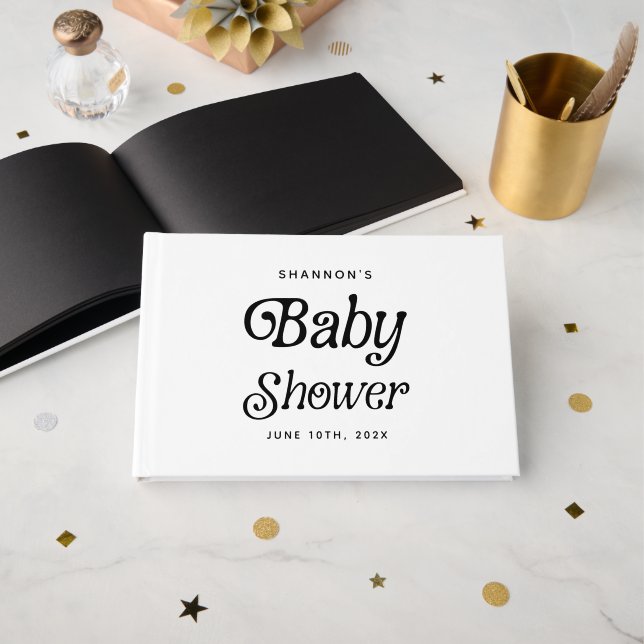 Libro De Visitas Baby Shower retro mínimo en blanco y negro (Anverso Abierto)