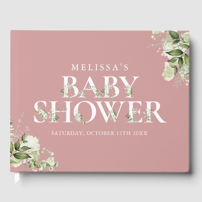 Libro De Visitas Baby Shower Rosa Polvoriento Verde Letras (Anverso)