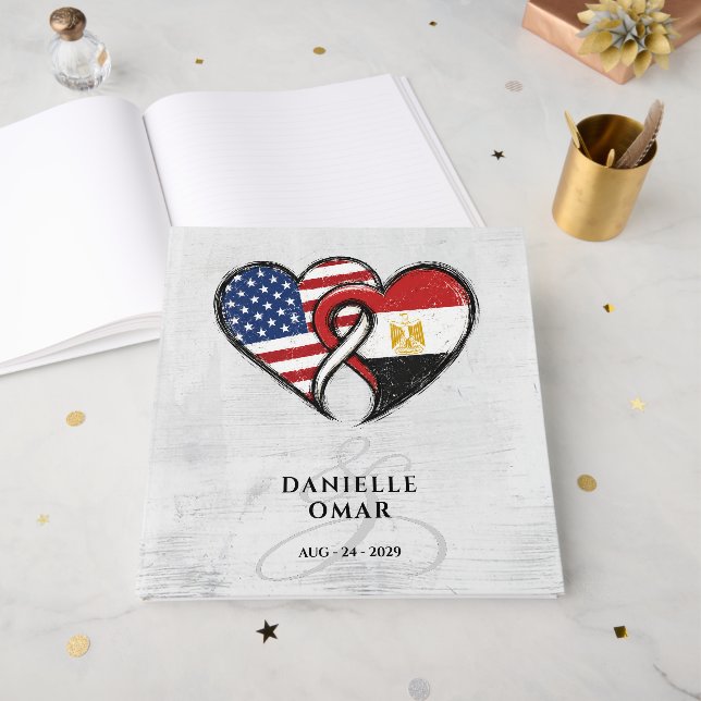 Libro De Visitas Banderas de corazón egipcio americano de boda (Anverso Abierto)
