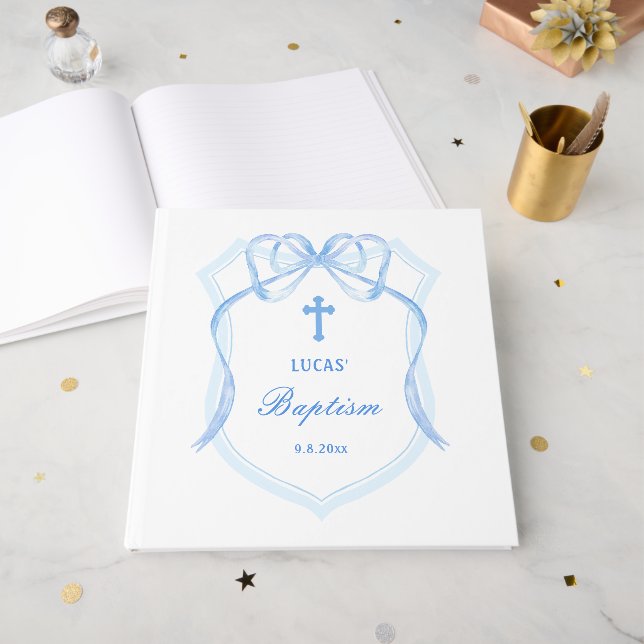 Libro De Visitas Baptismo Escudo Blue Bow claro (Anverso Abierto)
