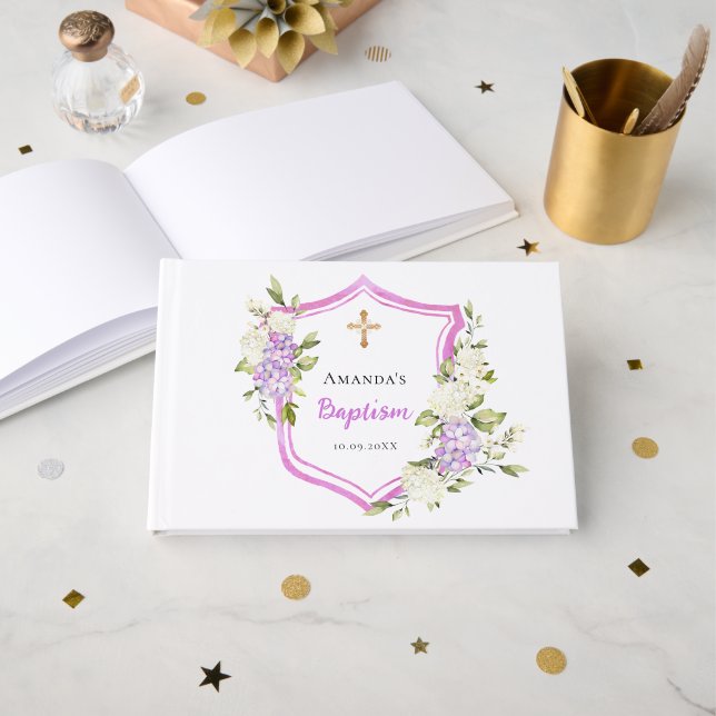 Libro De Visitas Baptismo escudo flores púrpura rosa chica (Anverso Abierto)