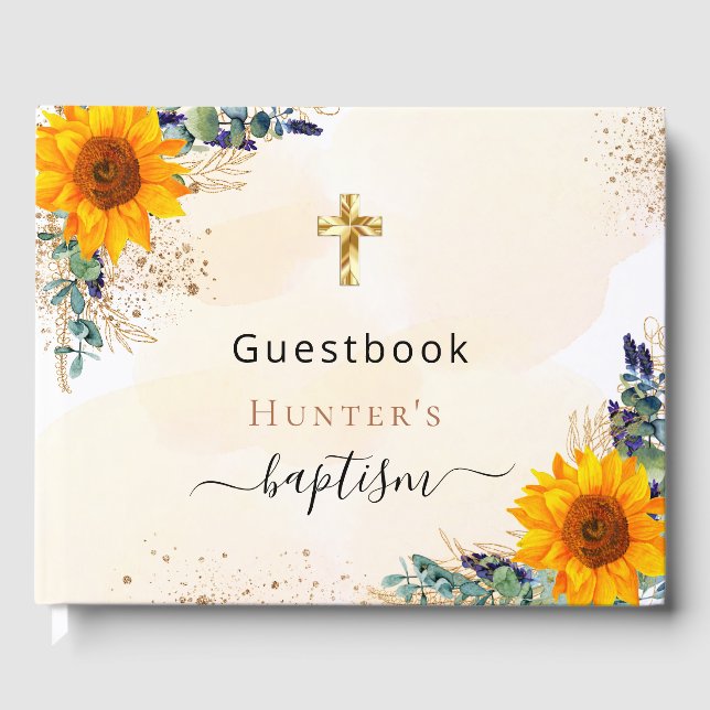 Libro De Visitas Baptismo girasoles eucalipto foto verde (Anverso)
