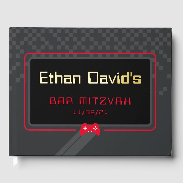 Libro De Visitas BAR MITZVAH gamer cool trendy negro rojo (Anverso)