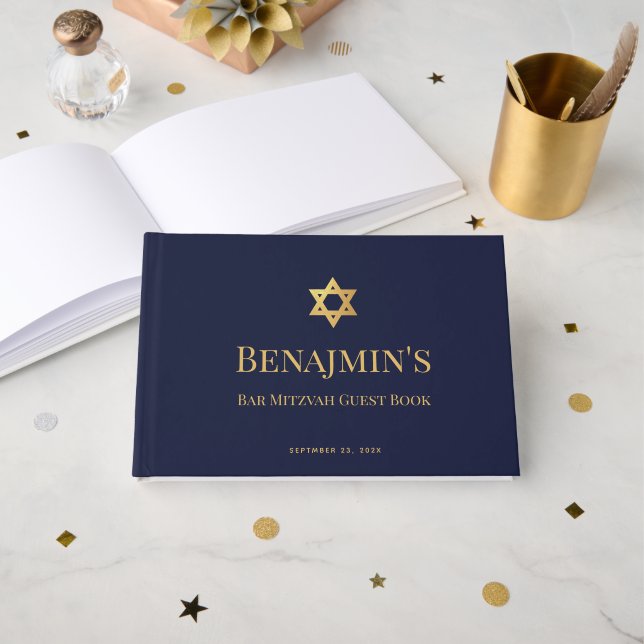 Libro De Visitas Bar Mitzvah Navy Blue Faux Gold Star of David Boy (Anverso Abierto)