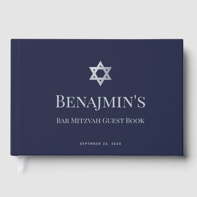 Libro De Visitas Bar Mitzvah Navy Blue Faux Silver Star of David (Anverso)