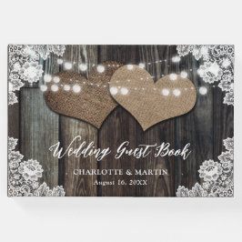Libro De Visitas Barn Wood Hearts String Lights Floral Lace Boda