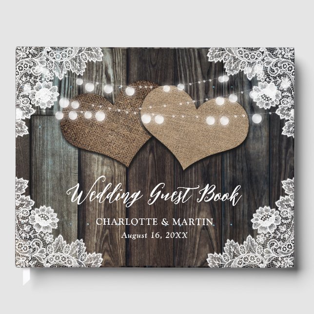 Libro De Visitas Barn Wood Hearts String Lights Floral Lace Boda (Anverso)