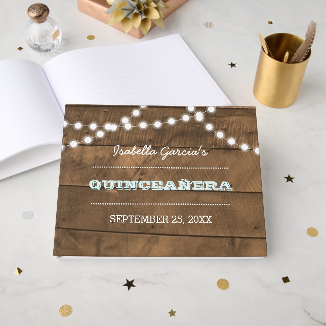 Libro De Visitas Barnwood Lights Aqua Quinceañera Guest Book (Anverso Abierto)
