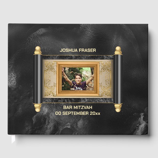 Libro De Visitas Barra mitzvah mármol negro oro pergamino elegante  (Anverso)