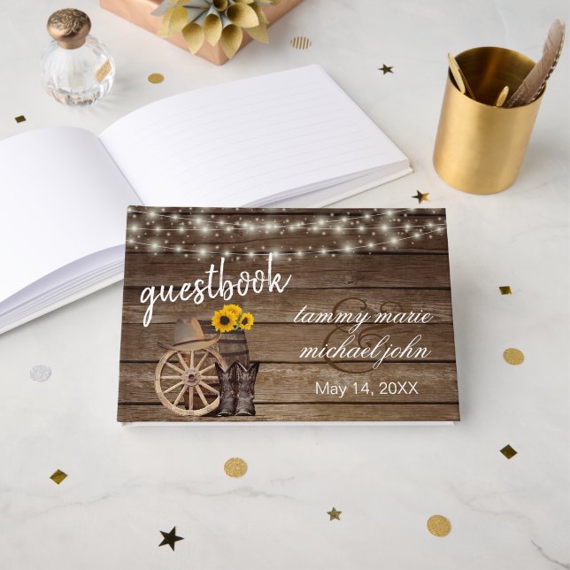 Libro De Visitas Barril de madera de campo con girasoles (Anverso Abierto)