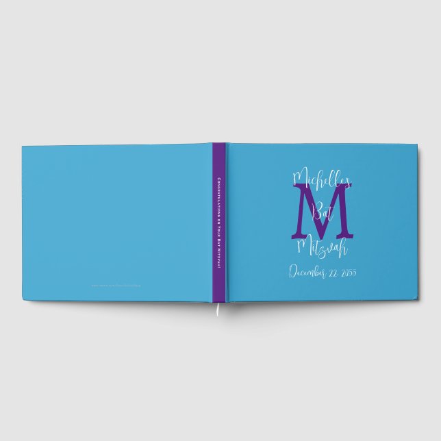 Libro De Visitas Bat Mitzvah Monograma Cielo Azul Rótulo Blanco Púr (Lleno)