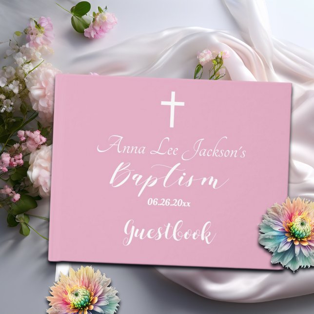 Libro De Visitas Bautismo moderno cristiano cruz blanca rosada turb (Subido por el creador)