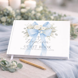 Libro De Visitas Bautizo de bebé niño con lazo azul de eucalipto