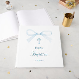 Libro De Visitas Bautizo de elegante lazo azul acuarela