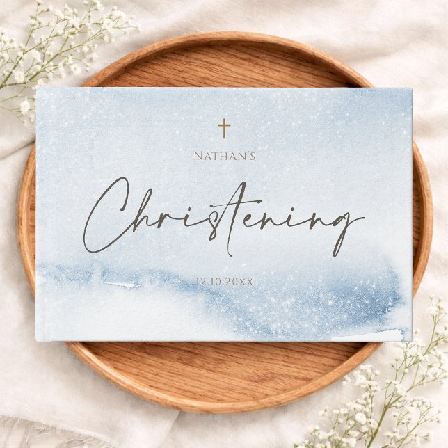 Libro De Visitas Bautizo de Niño con Acuarela Azul (Blue Watercolor Boy Christening Guest Book)